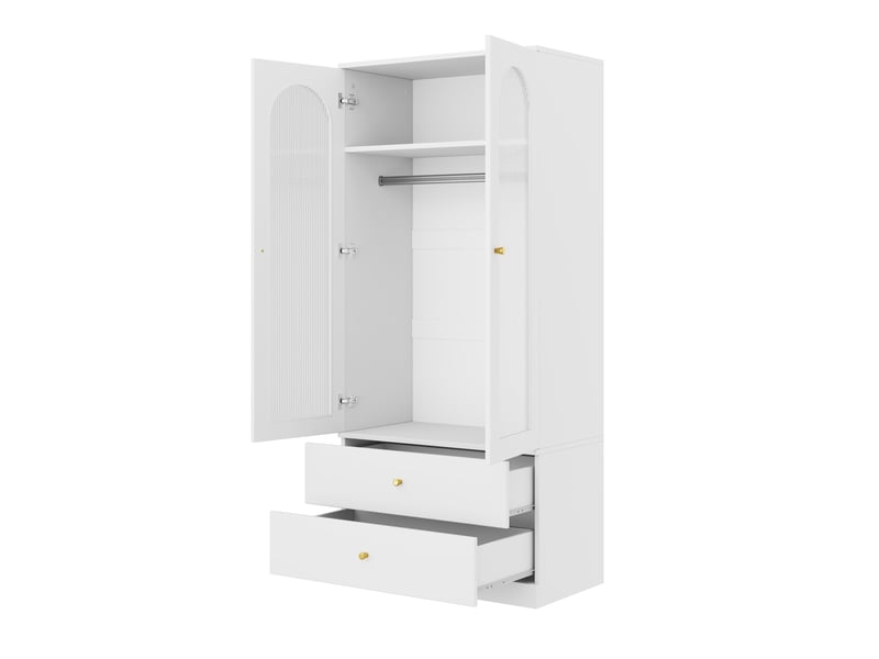  Armoire à portes battantes 89,5 x 50,5 x 200 cm, porte armoire, avec 2 tiroirs, 2 portes vitrées et barre de penderie, mdf, blanc  - Conforama E