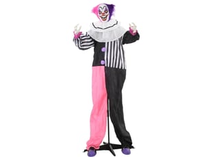 Clown effrayant halloween animé rose et violet avec rire sonore, décoration horrifique