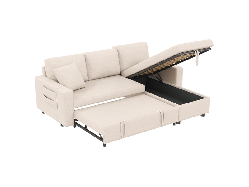  Canapé d'angle convertible 4 places beige en tissu, méridienne réversible avec rangement et poches latérales  - Conforama A