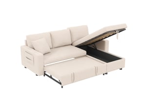 Canapé d'angle convertible 4 places beige en tissu, méridienne réversible avec rangement et poches latérales