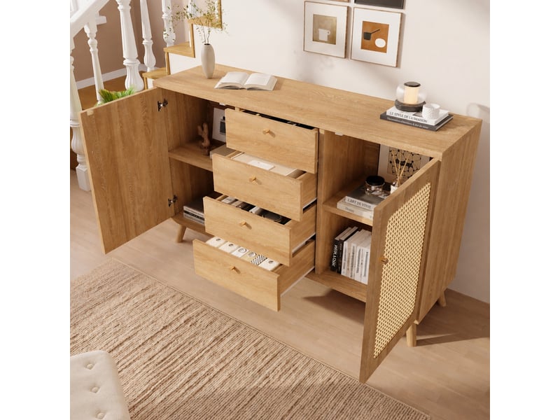  Buffet 4 tiroirs et 2 portes effet rotin, finition chêne clair, 140x40x86 cm  - Conforama B