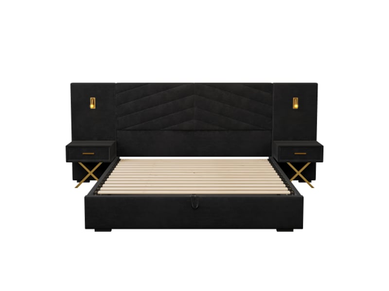 Lit-coffre réglable velours 266x205x117 cm avec rangement, cadre vertical quilté, 2 bancs et 2 lampes led latérales - Conforama A