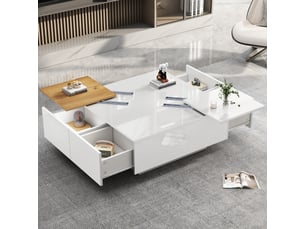 Table basse carrée avec 4 tiroirs et plateau coulissant, finition brillante, en panneau de particules, 75 × 75 × 35 cm, blanc - uvrion
