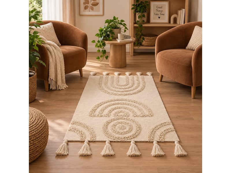  Tapis de sol rectangulaire en coton naturel à motifs arcs et cercles avec franges - longueur 80 x largeur 50 cm  - Conforama B
