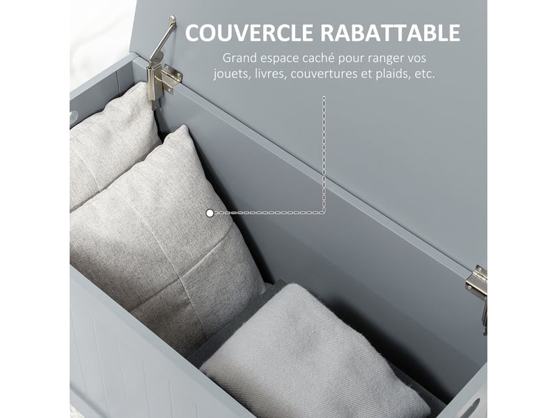  Coffre de rangement avec charnières de sécurité boîte de rangement en bois coffre à jouets couvercle gris rabattable  - Conforama A