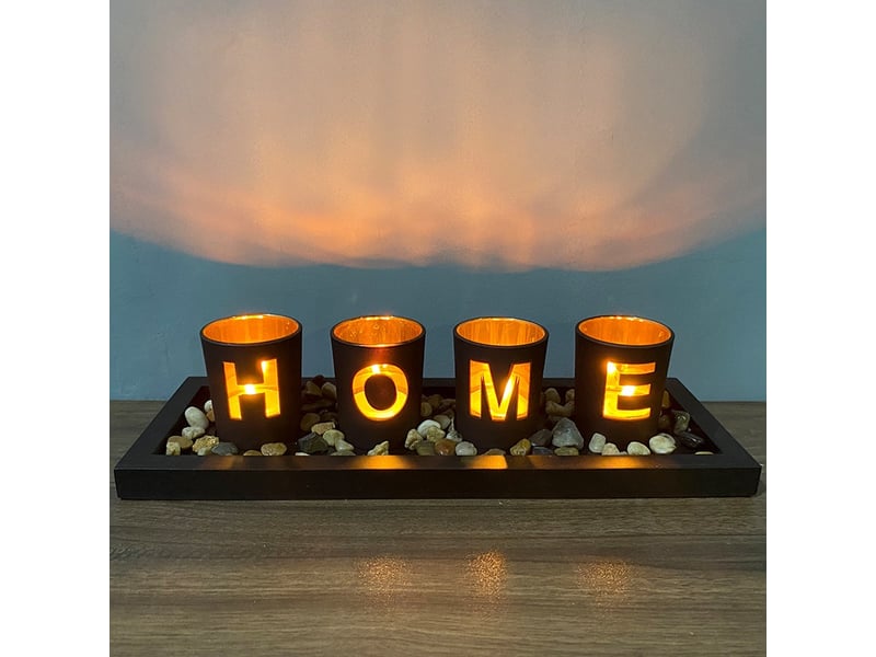  Decoration de table ensemble de bougeoirs, comprend 4 tasses en verre, des pierres naturelles et un plateau en bois  - Conforama E