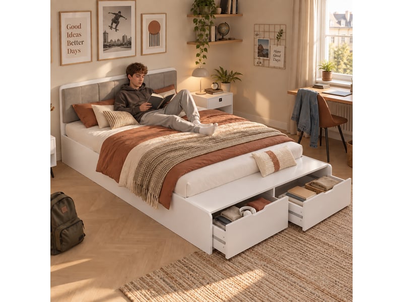  Lit enfant 140 x 200 cm en bois, tête de lit rembourrée, banquette au pied du lit, 2 tiroirs de rangement, pour enfants et adolescents, blanc Bliss Lite - Conforama B
