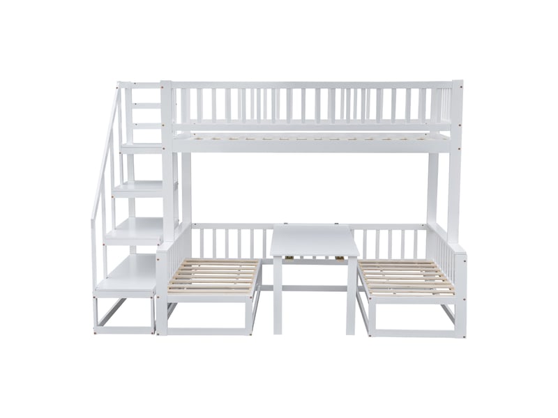  Lit superposé 90x200 et 120x200 cm avec escalier, table convertible, banquette bois et cadre pin, blanc  - Conforama A