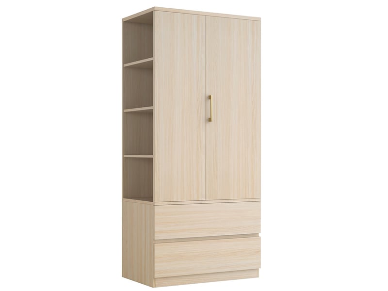 Armoire multifonction avec penderie, grand tiroir 2 niveaux, étagères ouvertes, 1 porte, 70x50x175cm, bois - Conforama A