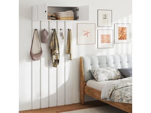 Porte-manteau mural, patère murale entrée rangement avec 5 crochets et armoire à 2 portes, étagère murale supérieure pour chambre (blanc)