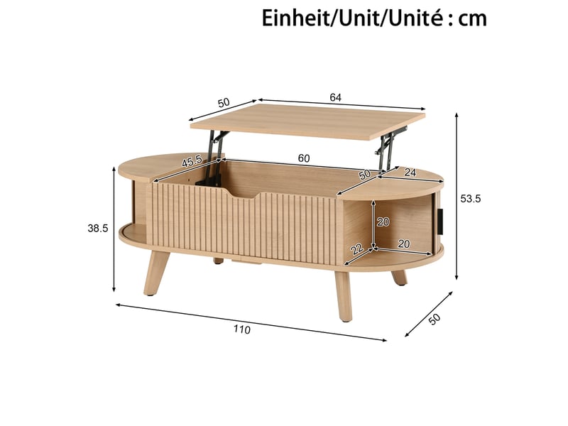 Table basse ovale - 110x50x38.5 cm - table de salon relevable avec portes coulissantes et rangement - couleur bois naturel - Conforama E