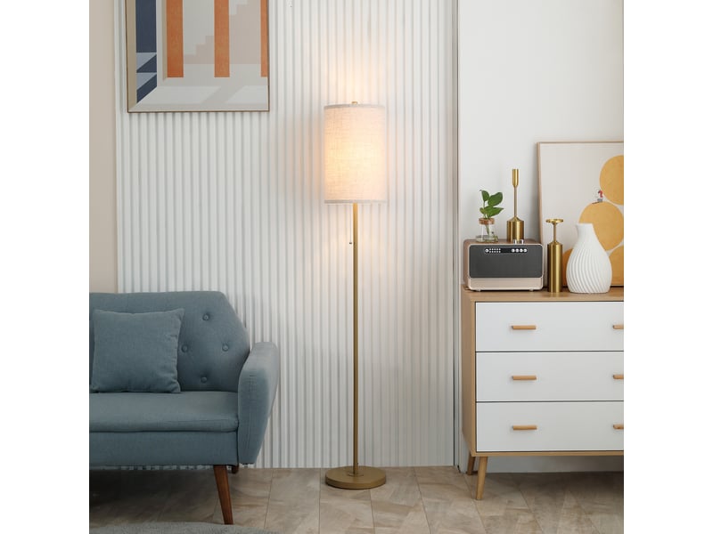  Lampadaire avec interrupteur à chaînette, abat-jour en lin et base en acier, douille e27, doré et crème  - Conforama D