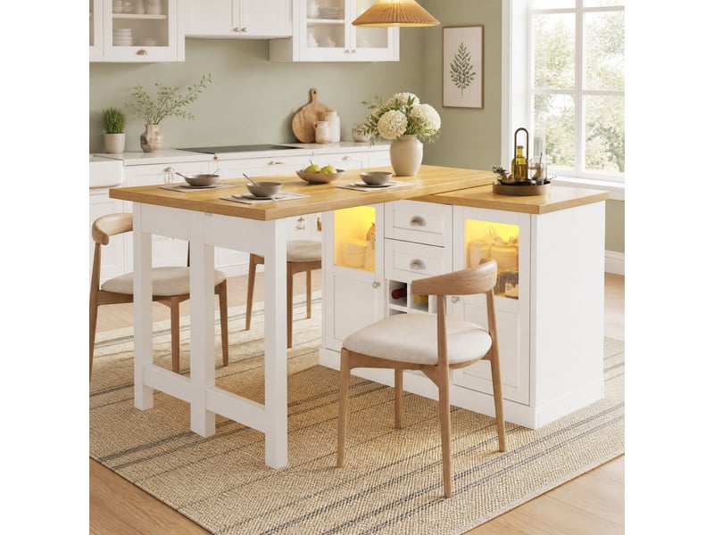 Table extensible rotative avec 2 tiroirs, 2 portes vitrées, casier à 9 bouteilles et led, blanche, 120-197 × 40 × 72 cm - Conforama B