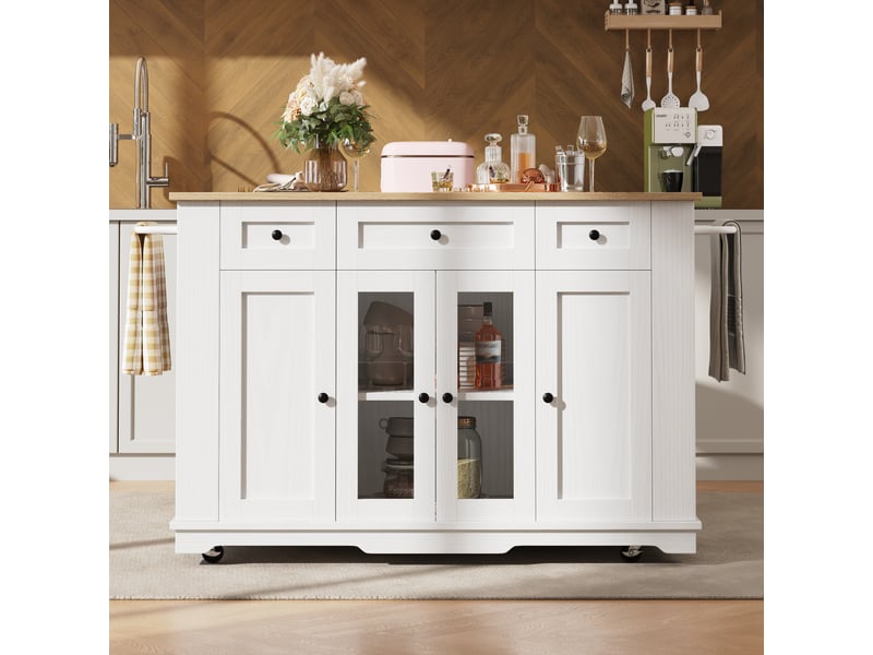  Îlot de cuisine blanc et bois avec plan de travail rabattable, desserte à roulettes avec portes en verre trempé, 151,5 cm  - Conforama E