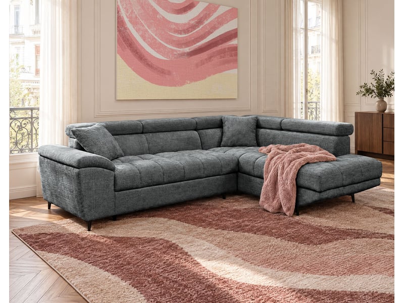  Camille - canapé d'angle droit 5 places convertible avec têtières et coffre en velours texturé - best mobilier - gris anthracite CAMILLE - Conforama B