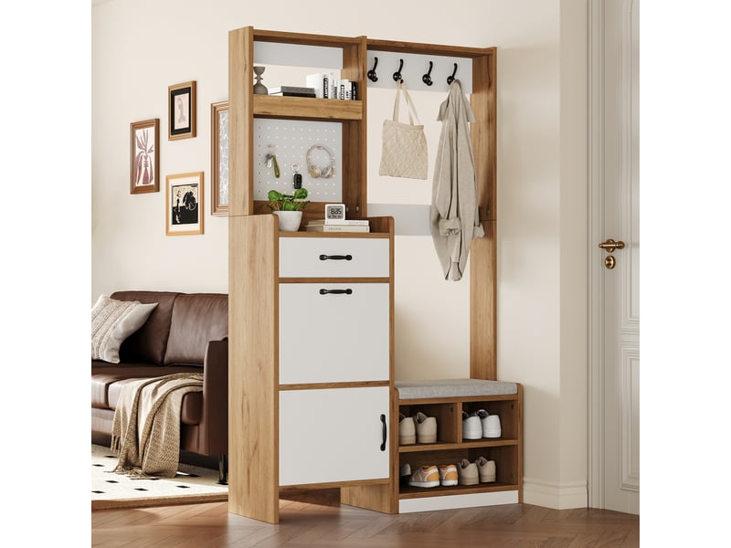  Meuble d’entrée avec banc et porte-manteaux | meuble à chaussures | rangement | 108,5 x 35 x 180 cm | chêneblan  - Conforama W
