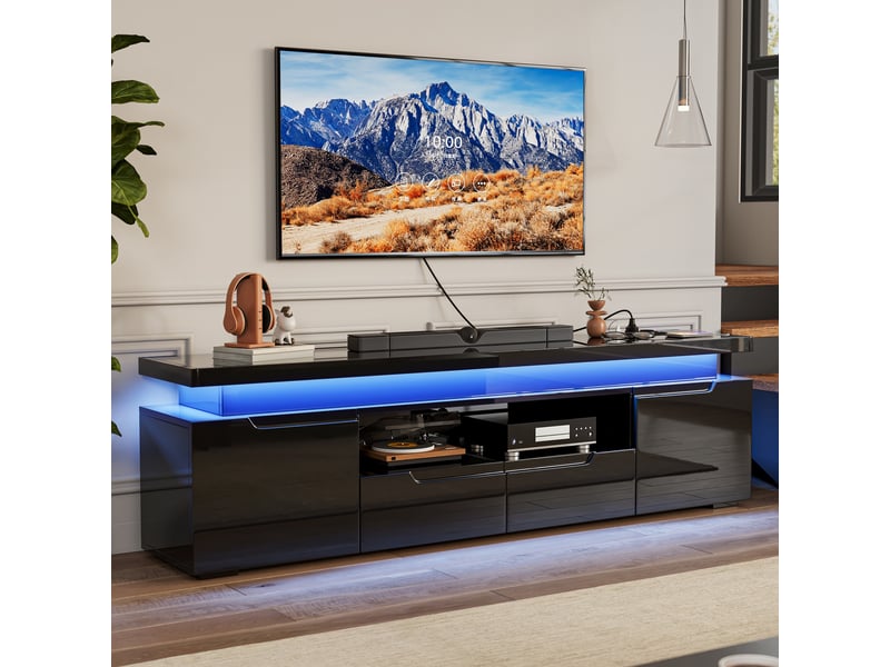  Meuble tv - 180x35x52cm - brillant haute brillance avec led rgb, 2 tiroirs, 2 portes pour tv jusqu'à 75 pouces - noir  - Conforama B
