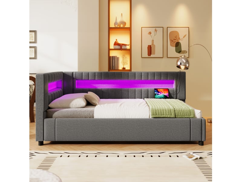  Lit coffre jeune, 90x200 cm, lit avec rangement, lit de jour avec éclairage led, connectique usb c, lin, coloris gris  - Conforama E