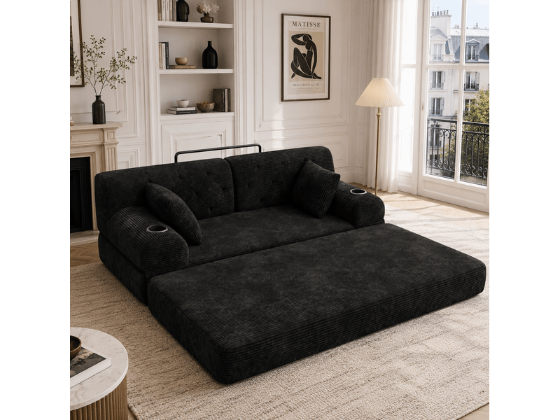  Canapé convertible 3 places avec dossier haut, porte-gobelets et poches latérales en velours côtelé noir  - Conforama E