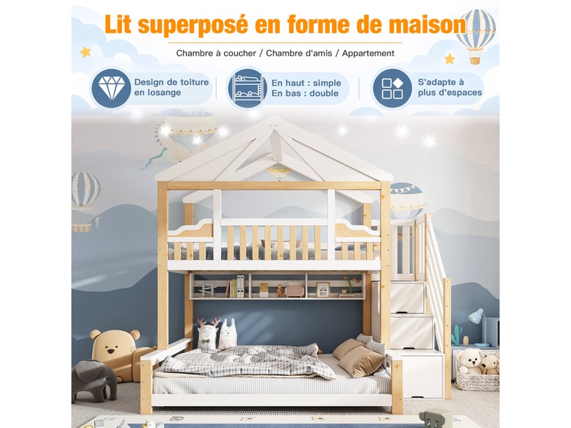 Lit superposé enfant 90x200 et 140x200 cm en forme de maison, toit diamant, escalier de rangement, en 747, blanc et bois naturel. - Conforama D