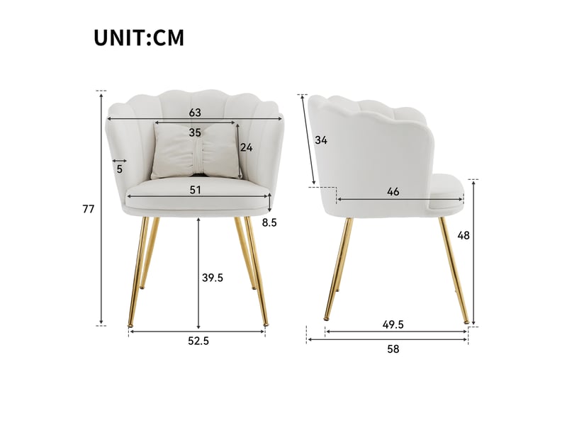  Lot de 6 chaises en velours beige avec dossier en forme de pétale, pieds en métal doré et coussins papillon  - Conforama C