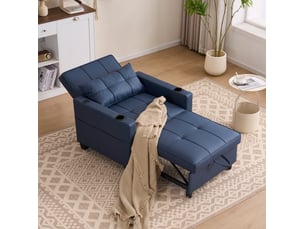 Canapé droit 1 place convertible bleu 3-en-1 avec porte-gobelets et usb, style minimaliste pour petits espaces