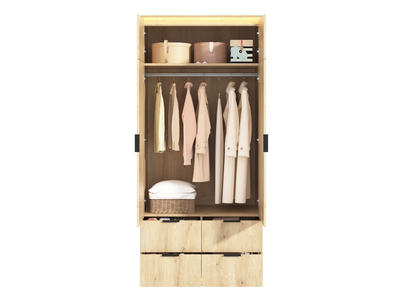 Armoire 2 portes avec miroir, 4 tiroirs et éclairage led pour chambre, en mdf décor chêne, 90 × 47 × 200 cm - Conforama A