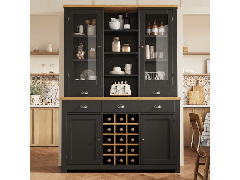 Armoire multi-usages noir, anti-bascule, pour cuisinesalon, porte vitrée, poignées métal, fermeture douce, rangement vin amovible. - Conforama B