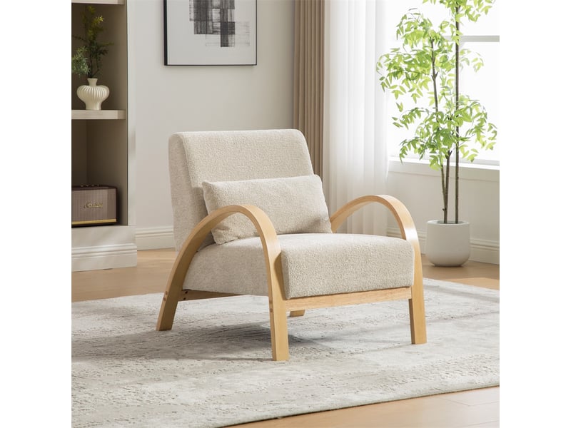  Fauteuil lounge scandinave - 82x70x83.5 cm - tissu chenille doux &amp; pieds en bois massif - design moderne sans accoudoirs - beige  - Conforama B