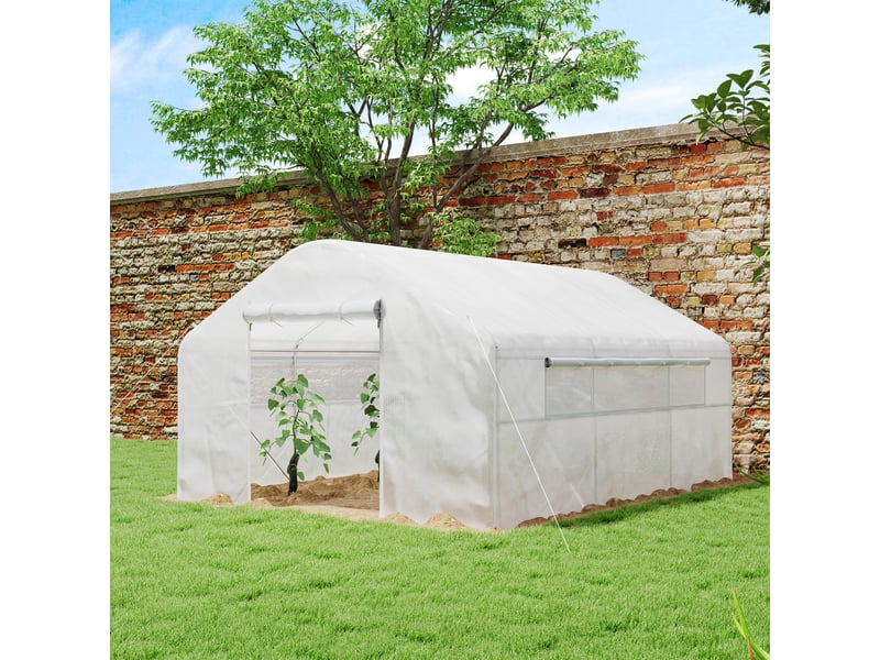  Serre de jardin 4 x 3 x 2m avec portes enroulables et grandes fenêtres, serre tunnel de jardin, blanc  - Conforama D
