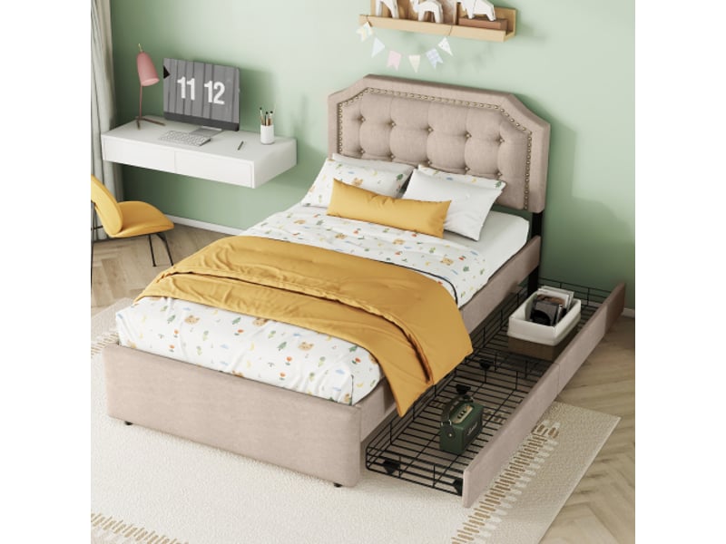  Lit 1 place 90x200cm, lit enfant, lit adulte avec 2 tiroirs de rangement et sommier, lin beige foncé, sans matelas  - Conforama C