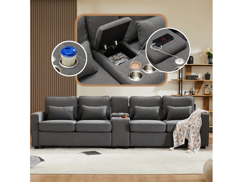  Canapé 4 places 290x83x88 cm avec console, 2 porte-gobelets et 2 ports usb en tissu aspect lin gris foncé  - Conforama C