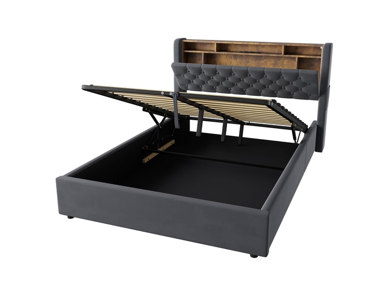  Lit double 140x190 cm avec rangement, led, usb et étagère gris homvra  - Conforama A
