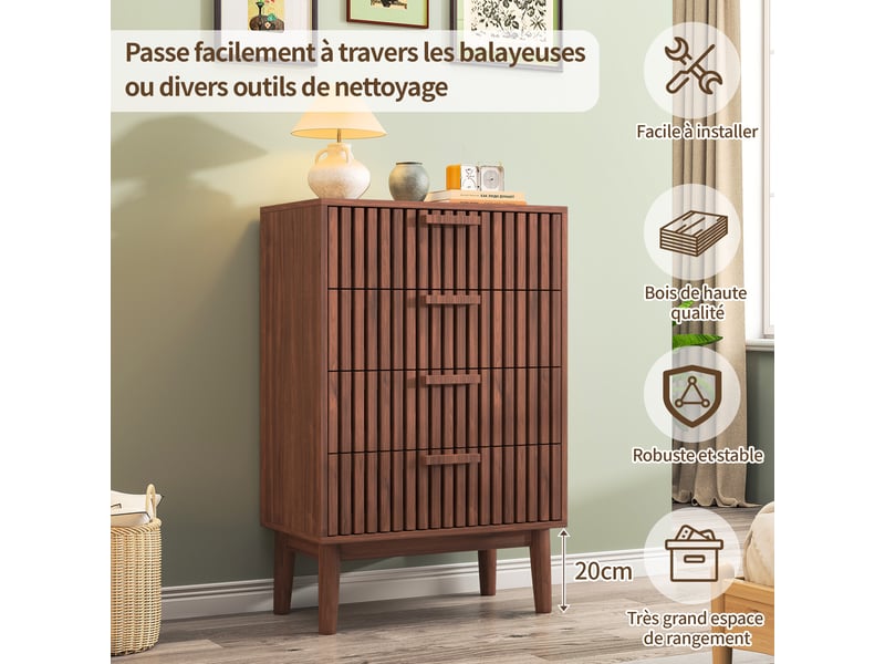  Kefsr commode 4 tiroirs, chiffonnier meuble de rangement style rétro pour chambre, salon et entrée, finition noyer, 60x34x91 cm  - Conforama W