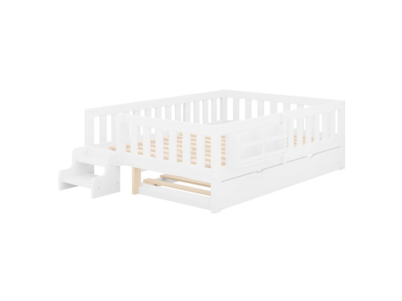  Lit enfant, 140 x 200 cm, avec lit gigogne et barrière de sécurité, lit en bois avec bibliothèque et escalier d'accès, blanc  - Conforama A