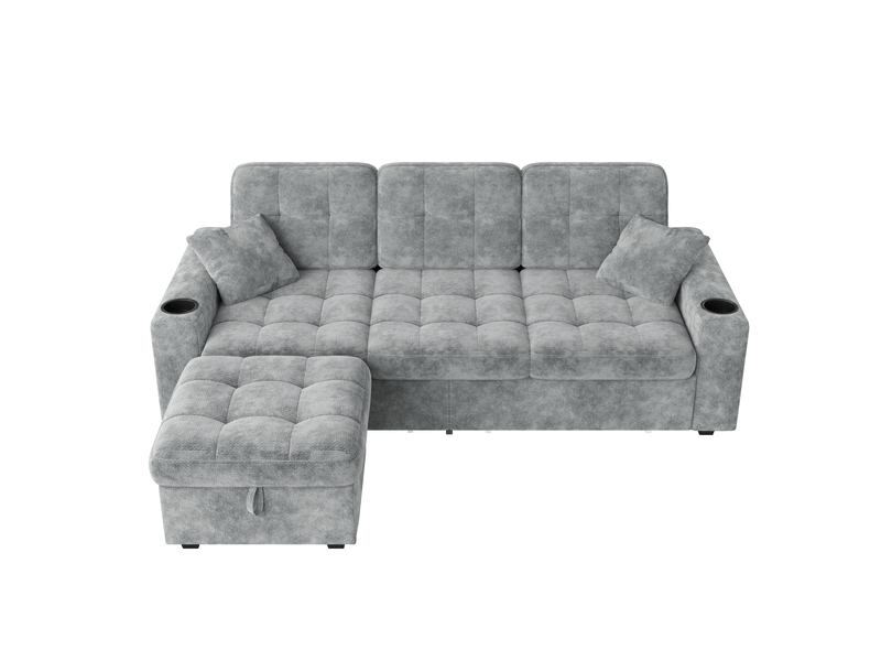  Canapé multifonction en chenille avec led, usb-c, pouf coffre, 2 tiroirs roulants et porte-gobelets coloris gris OPULERANE TRADING LTD - Conforama A