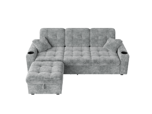 Canapé multifonction en chenille avec led, usb-c, pouf coffre, 2 tiroirs roulants et porte-gobelets coloris gris