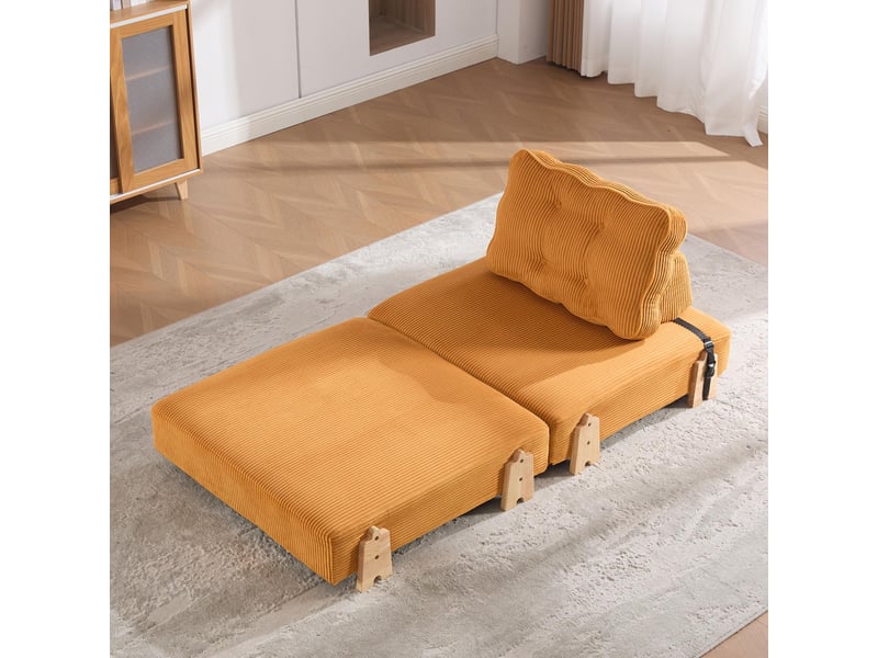  Fauteuil convertible 1 place - 90x86x84cm - chauffeuse pliable en lit d'appoint tissu velours côtelé et bois - orange  - Conforama B