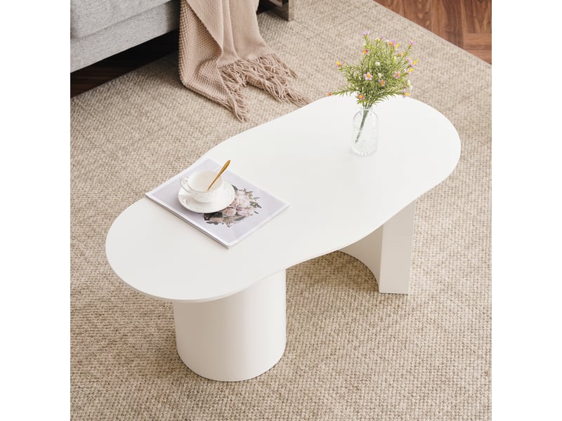  Table basse blanche 100 cm, forme irrégulière, en mdf laqué, design moderne avec bords arrondis  - Conforama R