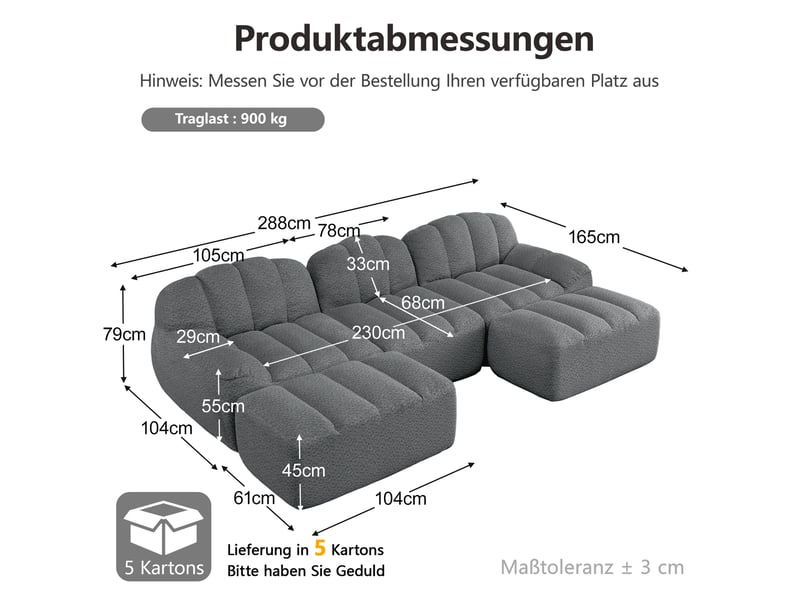 Canapé panoramique coquille 3 places, 2 poufs gris – 288 x 165 x 79 cm Fay Lum - Conforama C