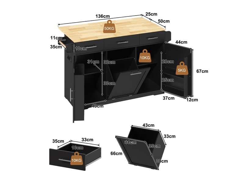  Desserte de cuisine à plateau rabattable avec 3 tiroirs, prises et roulettes, en mdf noir et naturel 136 × 75 × 92 cm  - Conforama C