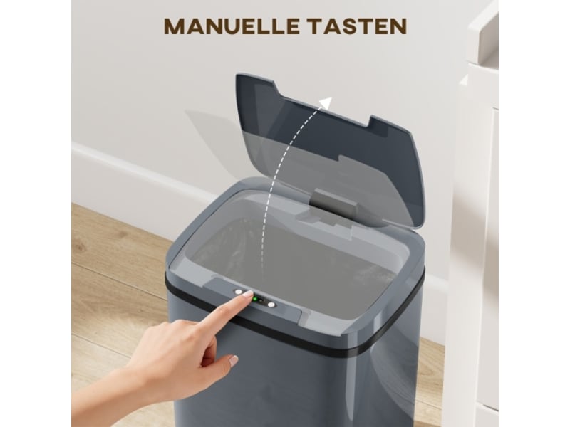 Poubelle automatique 15 l à capteur, 2 modes d’ouverture, grise, 27,6x21,4x33,5 cm - Conforama E
