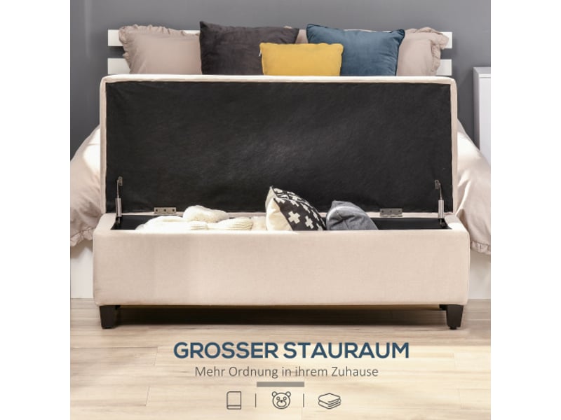  Banc coffre beige rembourré aspect lin avec couvercle et rangement, pour salon et chambre  - Conforama B