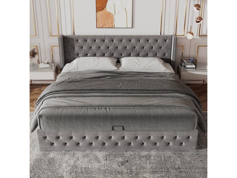  Lit coffre 140x190 cm avec rangement hydraulique, lit double capitonné style chesterfield avec boutons et double rangée de rivets, en flanelle, gris Seren Glow - Conforama D