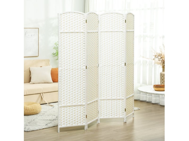 Paravent pliable 4 panneaux avec motif tissé en bois et polypropylène blanc 160 × 1,6 × 170 cm - Conforama B
