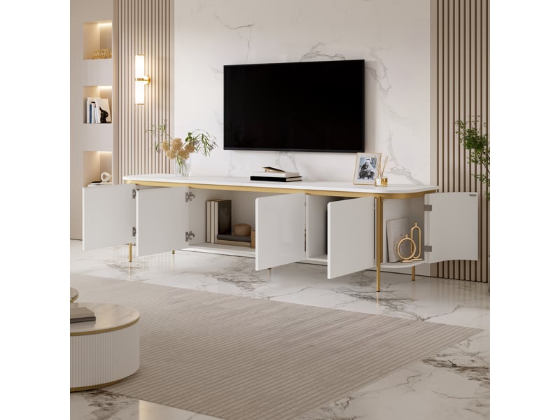  Meuble tv bas l180 cm, mdf et pieds en métal robuste, avec 6 portes, effet cannelé, relief, angles arrondis et passe-câbles, blanc  - Conforama W