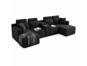 Canapé modulable en u 372 cm, canapé panoramique en velours côtelé, assise profonde, 2 porte-gobelets intégrés, noir