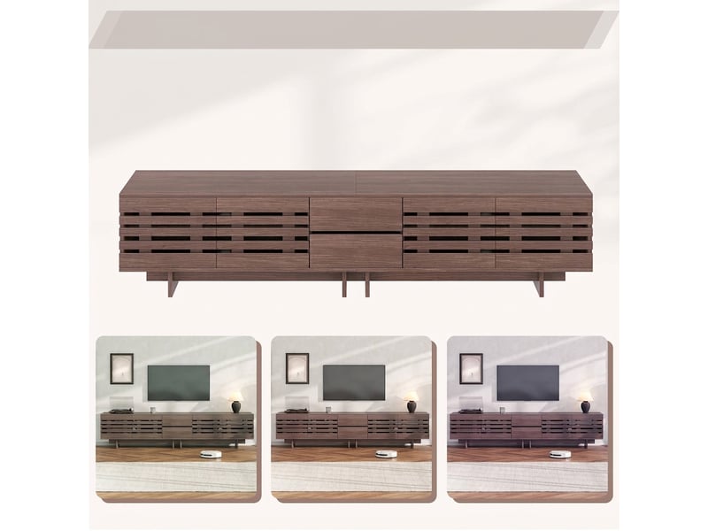  Meuble tv noyer 200 cm avec 4 portes et 2 tiroirs, pour tv jusqu'à 80 pouces  - Conforama D