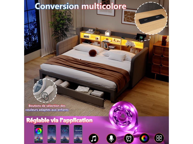  Canapé-lit 90 x 200 cm - avec lit gigogne - avec éclairage led - avec 2 tiroirs - tissu velours - gris (matelas non inclus)  - Conforama W