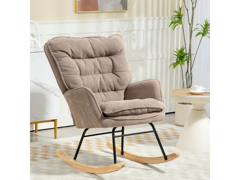  Fauteuil à bascule marron en tissu aspect chenille, fauteuil d'allaitement confortable avec accoudoirs, charge 120 kg, 71x98,5x97 cm  - Conforama B